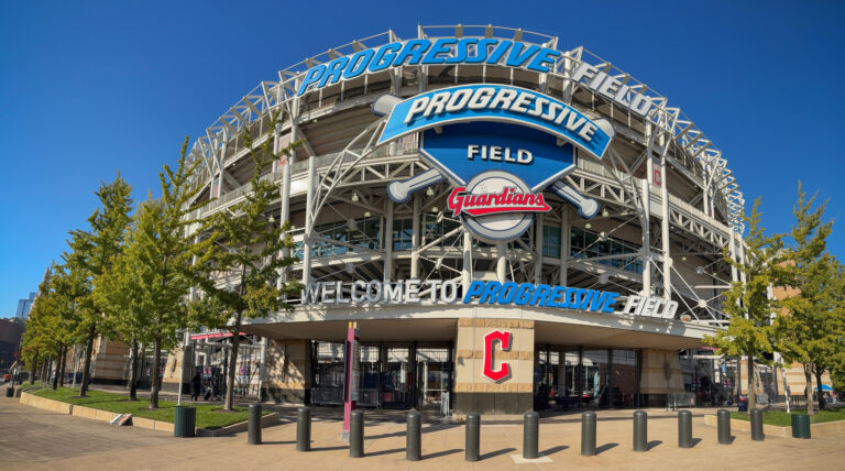 Cleveland - October 18, 2024: Progressive Field panorama, home of the Cleveland Guardians. Progressive Field has been home to the MLB Guardians since 1994.