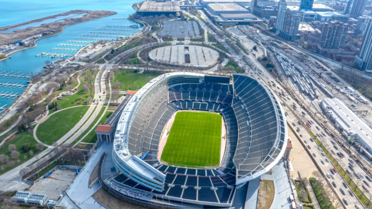 Aerial view of downtown Chicago, Illinois, USA. Soldier Field, Football Stadium. 2024