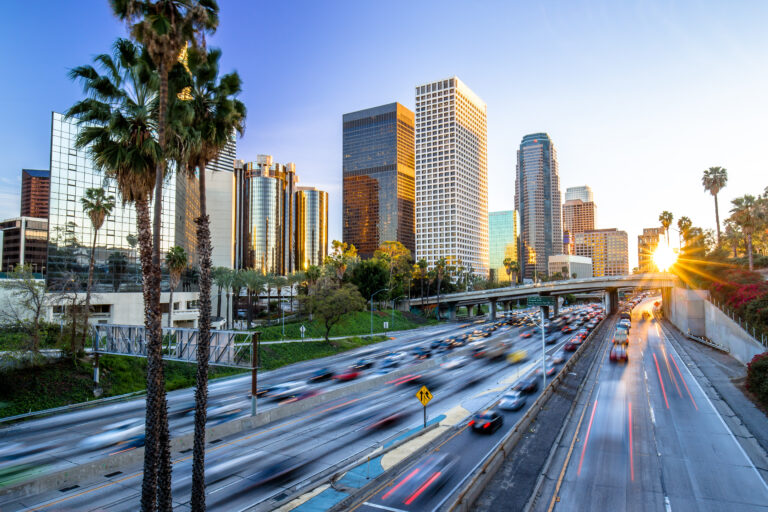 Los Angeles downtown buildings skyline highway traffic