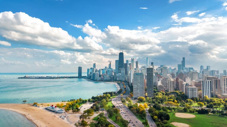 Chicago skyline aerial drone view from above, lake Michigan