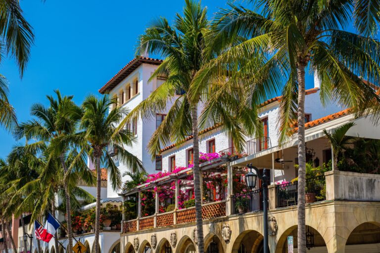 Cityscape view of the the popular and luxurious Worth Avenue shopping district in West Palm Beach.