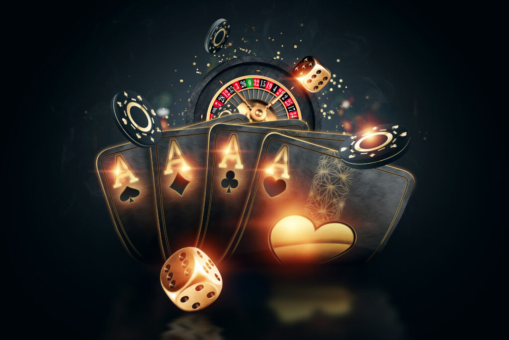 Creative poker template, background design with golden playing cards and poker chips on a dark background. Casino concept, gambling, header for the site. Copy space, 3D illustration, 3D render.